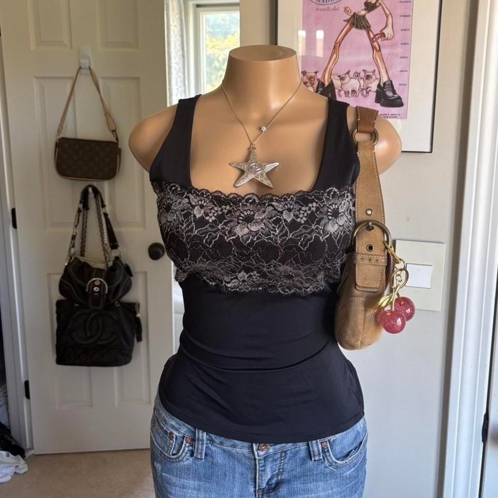 y2k 2000s whimsygoth grunge black lace panel tank top